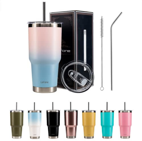 LoFone 850 ml Travel Mug, Kaffeebecher to go, 30oz Trinkbecher mit Strohhalm, Isolierbecher für heißen und kalten Kaffee (Rosa/Blau), Edelstahl