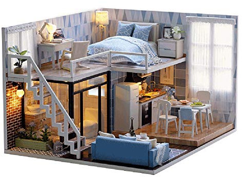 Puppenhaus zum Basteln, Miniatur-Puppenhaus, Miniatur für Puppenhaus mit LED-Licht, kreative Geschenke für Freunde Eltern, blasses Wetter und Blau