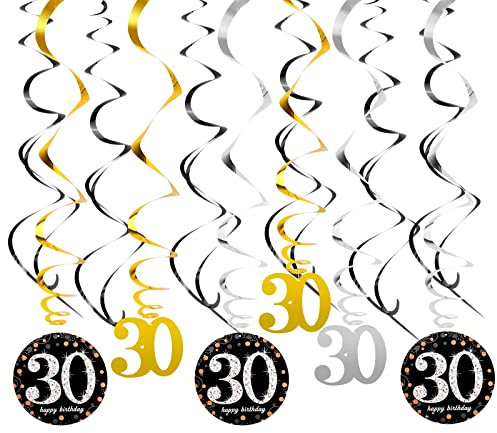 30. Geburtstag Deko Spiralen Set, Silber Schwarz Gold 30 Party Swirl Geburtstag Dekorationen, Folie Decke Hängend Wirbel Dekoration, für Frau Mann Jahrestag Hochzeit Partydeko,18 Stücke (30)