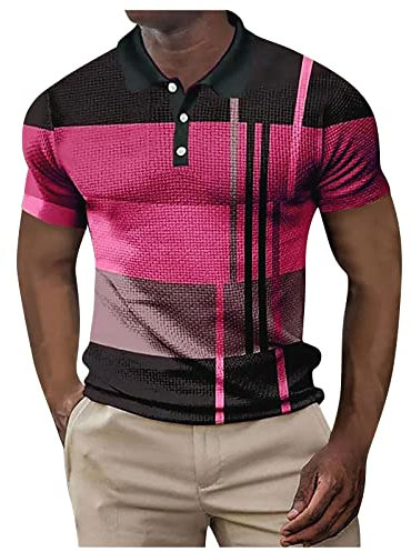Polo pour homme - Printemps et été - Manches courtes - À carreaux - Couleur assortie - Avec imprimé à rayures - Bleu foncé, Rose, XXL