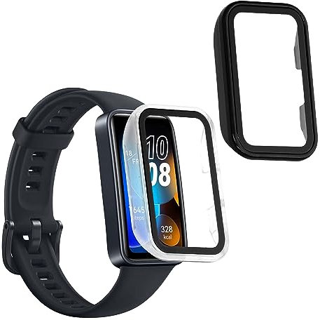 kwmobile 2X Custodia Rigida Smartwatch Compatibile con Huawei Band 9 / Band 8 Cover - Case Vetro Temperato Orologio Fitness - Trasparente/Nero