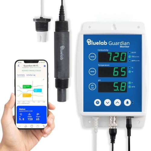 bluelab Guardian Monitor Inline Wi-Fi für Echtzeit-Messungen von pH, Temperatur und Leitfähigkeit (TDS/PPM) in Wasser mit Kalibrierung, 3-1 digitales Nährstoffmessgerät für Inline-Dosiersysteme