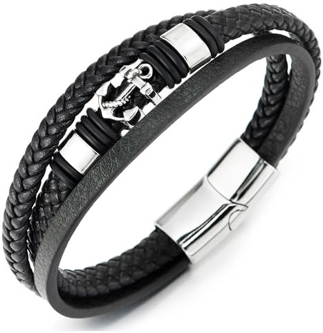COOLSTEELANDBEYOND Homme Acier Inoxydable Marin Ancre Bracelet - Trois Brins Noir Tressé Cuir Bracelet Envelopper