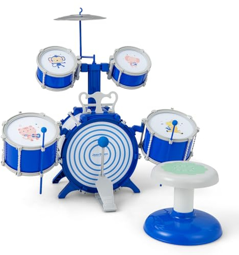 KOMFOTTEU Batteria per Bambini da 3+ Anni, Set di Tamburi con Sgabello, 5 Tamburi, 2 Bacchette, Leggio e Pedaliera, Strumento Musicale per Bambini, Jazz Rock Drum Regalo per Bambini, Blu
