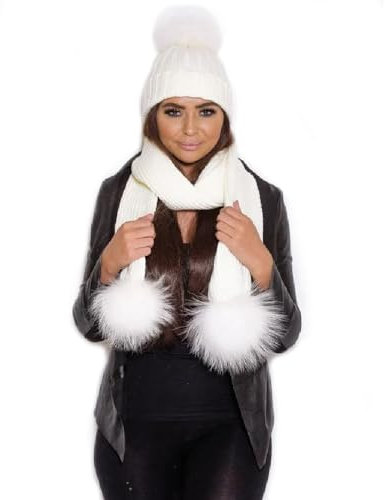 Brillabenny Hut und Schal Set Weiß Kaschmir Echt Pelz Drei PON PON Mütze Damen Pelz, WEISS GESAMT, One size