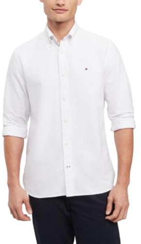 Tommy Hilfiger Chemise Oxford boutonnée à manches longues pour homme, coupe droite, Blanc brillant, Taille L