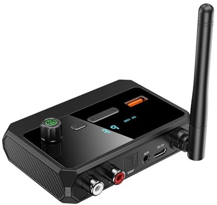 Cuteefun Bluetooth 5.3 Empfänger für Heimstereo, Lautstärkeregler, LED Anzeige, Niedrige Latenz & Rauschunterdrückung, Unterstützt Optische RCA AUX 3.5mm Buchse, Bluetooth Adapter für Audiogeräte