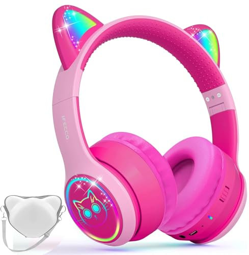 iFecco Cuffie Bluetooth Bambini con Microfono,Wireless con Borsa,Luci LED Cat Ear Cuffie per iPad/Tablet/Smartphone/Scuola