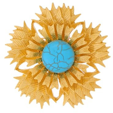 Bleu Turquoise Tournesol Broche pour Femmes Filles Grande Fleur Aiguille Croix Emblème Châle Clip Épingle à Cheveux Plaqué Or 14K Métal, Turquoise Créé, Métal, Turquoise synthétique