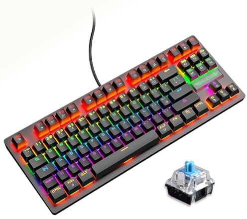 K2 Wired 80% Percent Mechanical Gaming Keyboard, UK Layout Rainbow Backlit Light Up Tenkeyless Keyboard with Clicky Blue Switch, Compact TKL 88 Keys, Ergonomic Stand, Waterproof for PC/Mac - Black