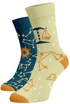 BENAMI | Lustige Socken mit Sternzeichen Waage-Muster | Baumwoll-Hochsocken für Damen und Herren