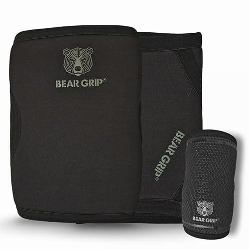 BEAR GRIP 7mm Compression Elbow Sleeves (Pair) for Athletes and Fitness - Black/Grey, L