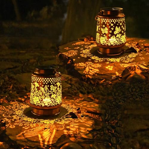 SyouHome Solar Laternen für Draußen, 2 STÜCK Kolibri & Schmetterling Solarlaterne für Außen, IP65 Wasserdicht Metall Solarlaterne für Terrasse Rasen Balkon Hof Gartendeko