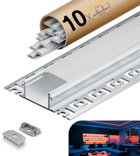 KOSOOM 10 Profilé LED pour Bandes LED 2 mètres tol 20 m, couverture mate, Profile dimensions 24,4 mm (ailettes 61,8 mm) x 13,8 mm, Supporte les bandes d'une largeur inférieure ou égale à 20 mm