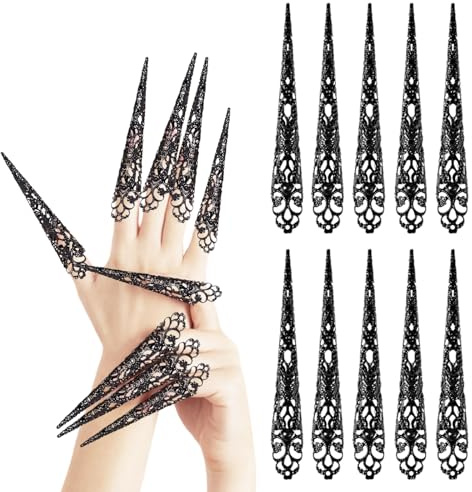 GUIZIYAO Anneaux Griffes Faux Ongles, 10 Pièces Halloween Faux Nail, Costume de Reine Antique Anneaux D'ongle, Doigt les anneaux de griffe de pointe, pour des Ongles de Vampire d'halloween, Cosplay