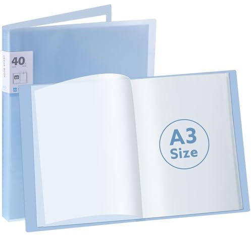 A3 Display Book Folder, 40 Pocket Book Presentation Portfolio Folder with Clear Plastic Sleeves for Painting Artwork Portfolio (Blue)
