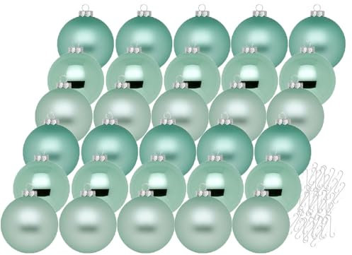 Inge Glas Weihnachtskugeln mit Haken | Schöne Christbaumkugeln aus Glas | Set 30 Kugeln und 40 Aufhänger | Christbaumschmuck Weihnachtsbaumkugeln (Winter Jade | Mint)
