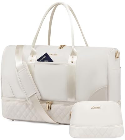 LOVEVOOK Reisetasche Damen Weekender Bag mit Schuhfach & Nassfach, 2-teiliges Set Travel Duffle Sporttasche Groß, Handgepäck Tasche für Flugzeug Reisen Gym Yoga, Beige, L