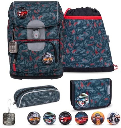 Belmil Motion ergonomisches Schulranzen Set 5-teilig aus recyceltem Material mit Brustgurt, Hüftgurt, Magnetverschluss, Patch Set 6 Stück (405-74/AG/S) (Red Dots 2025)