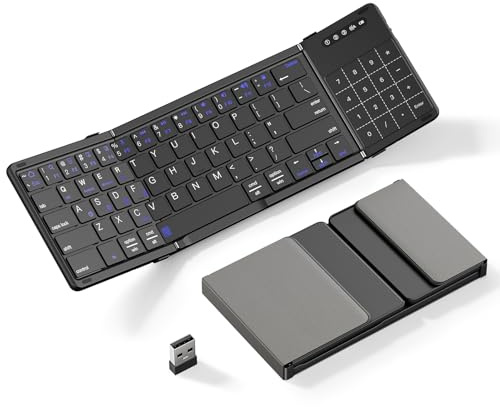 XIWMIX Clavier Bluetooth pliable 2 en 1 avec pavé tactile et pavé numérique, clavier de voyage multi-appareils pliable sans fil rechargeable pour iPad, ordinateur portable, PC, compatible avec Windows