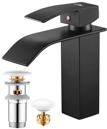 Auralum Wasserhahn schwarz Bad, Mischbatterie Waschbecken schwarz, Armatur Badezimmer mit Anti-Blocking POP UP Ablauf