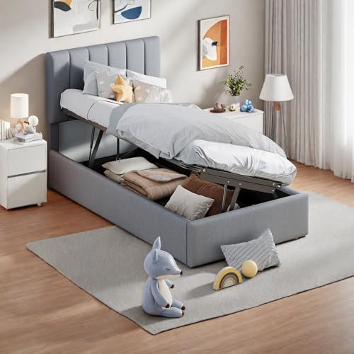 Wyibwy Letto imbottito 90x200 cm,letto contenitore idraulico,multifunzionale letto singolo con tessuto di lino,con Testata regolabile,adatto per adulti e ragazzi,Grigio