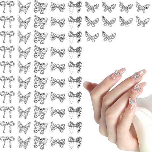 Giantree 60Pcs Bow Nail Charms, Silver Nail Charms Nail Bows, Nail Gems and Charms Charms for Nails Design, Luxury Shiny Bow for Women Girls Crafts DIY Nail Art Accessories Phone Cases Making