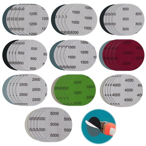 Papier de Verre Sec à l'Eau, 50 Pièces Disques de Ponçage 75mm, Papier Poncer Phare Voiture Grains 600/800/1000/1200/1500/2000/2500/3000/4000/5000 Abrasif Rond pour Métal, Bois, Polissage Miroir
