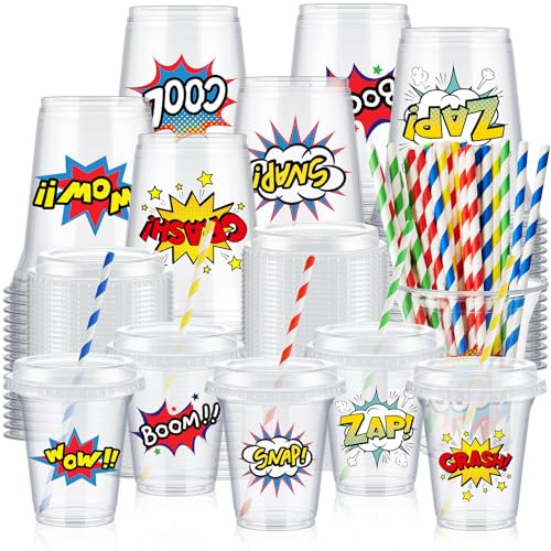 Qinyoung 60 Sets Hero Party Cups with Lids and Paper Straws | 14 oz Hero Birthday Party Supplies Favor Disposable Clear Plastic Cups Bulk