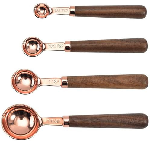 4Pcs Stainless Steel Measuring Spoons in Copper Finish, Wooden Handle Measuring Spoons Baking Tools, Liquid and Dry Measuring Spoons Set