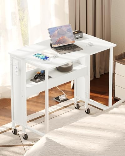 CHOEZON Klappbarer Computertisch mit Rollen, Kleiner Klapptisch mit Ladestation, 80 cm klappbarer Schreibtisch, Arbeitstisch, für kleine Räume, Wohnzimmer, Schlafzimmer, Weiß DTDN01CWB