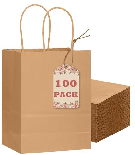 Gcardist 100-Packs braun Geschenk-Taschen mit Griffen Bulk 8.3x6x3.15 kleine Größe Kraftpapier Taschen mehrere Verwendungen (15x8x21, kleine Größe)