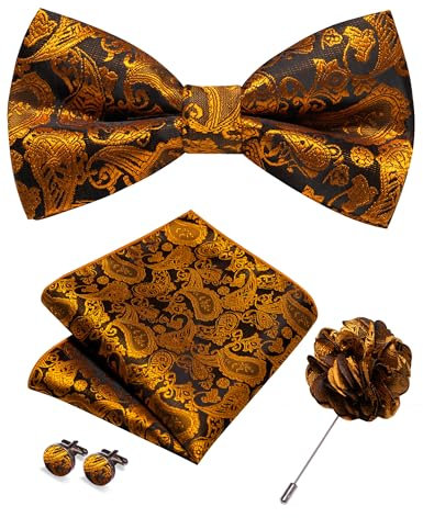 JEMYGINS Herren Paisley Fliegen set inklusive Einstecktuch Manschettenknöpfen und Boutonniere geeignet für Hochzeitsbankette und Partys Orange-Schwarz