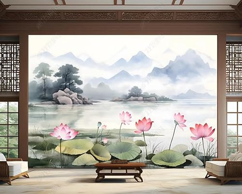 Papier Peint Intissé Style De Paysage À L'Encre De Lotus Poster Tableaux Muraux Tapisserie Photo Trompe L'Oeil Salon Chambre Art Mural 150Cm(L) X105Cm(H)