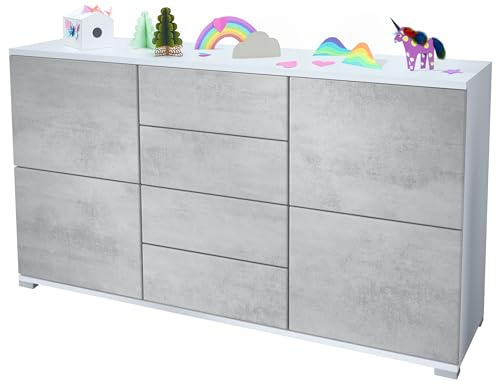 Vladon Sideboard Rova V1, Kommode mit 4 Türen und 4 Schubladen, Weiß matt/Beton Oxid Optik (138,5 x 75,5 x 35)