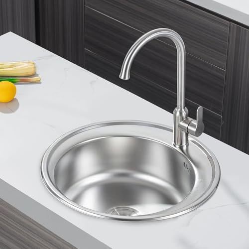 Melanstar Fregadero de cocina redondo de acero inoxidable con desagüe 50 x 50 cm