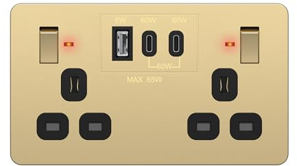 LIDER 2-Gang Switched 13A Socket, Power Delivery Fast Charging | Total Output 65W, PD 60W Max USB-C Output, Gold, Use A 35mm-Deep Back Box, UKCA Certified, Pd65 USB Output