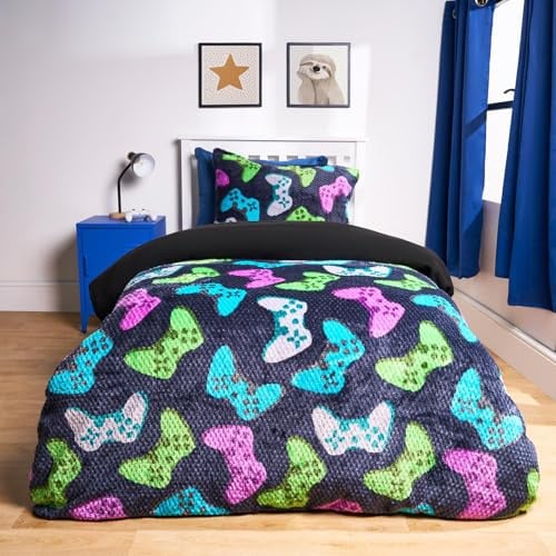 OHS Double Fleece Duvet Cover Set, Winter Gaming Bedding for Boys Girls Waffle Fleece Duvet Set Super Soft Cosy Warm Sherpa Reversible Kids Duvet Cover Double with Pillowcases, Navy