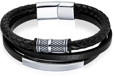 Mendes Multi Armband Leder Edelstahl Perle Schwarz Silber-22cm
