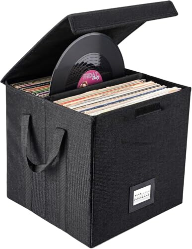 12 inch Vinyl Record Storage Box with Lid , Collapsible LP Album Storage | 2 Carrying handles, Stackable , Collapsible