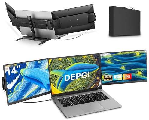 DEPGI 14-Zoll-Laptop-Bildschirmverlängerung mit integriertem Kühler, 1200P FHD One Cable Connect Tragbarer Dreifach-Monitor, Dual-Bildschirm-Monitor passend für 13-17,3-Zoll-Laptops mit Ständer für