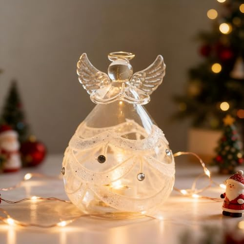 Weihnachtsdeko Engel Figur mit Warmes Licht, LED Engel Weihnachten aus Glas, Beleuchtete Weihnachtsengel Figuren, Leuchtende Weihnachtsengel Deko, Weihnachtsfiguren für Innen Tischdeko Geschenke (C)
