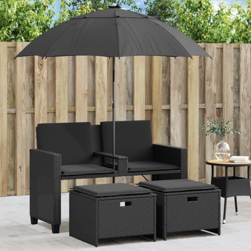 Frdhee Meubles de balcon, canapé de jardin, 2 places, parasol et tabouret, en polyrotin, noir, ensemble de salon pour jardin, extérieur, terrasse, balcon