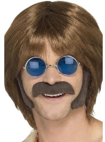 Smiffys Hippie-Verkleidungsset, Braun, mit Koteletten und Schnurrbart, Selbstklebend Halloween