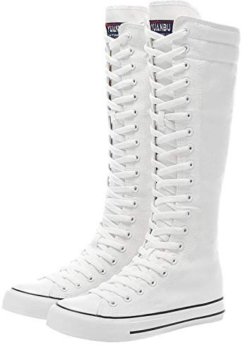 ANUFER Ragazze Donna Al Ginocchio Stivali di Tela Lacci Zip Piatto Scarpe Sportive Bianco F888 EU37