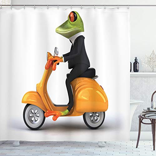 ABAKUHAUS Lustig Duschvorhang, Italienisch Frosch Motorrad, Stoffliches Gewebe Badezimmerdekorationsset mit Haken, 175 x 200 cm, Grün Schwarz Orange