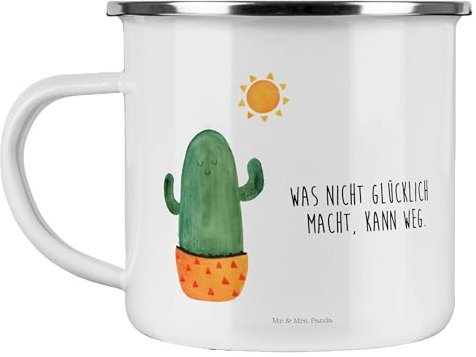 Mr. & Mrs. Panda Camping Emaille Tasse Kaktus Sonne - Geschenk, Blechtassen, Kakteen, Ehebruch, Liebeskummer, Camping Becher Edelstahl, Metall Tasse,