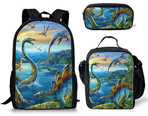 POLERO Schulrucksack Set Schultertasche Mäppchen Causal Rucksack Freizeitrucksack Daypacks Backpack für Mädchen Jungen Kinder Jugendliche Tanystropheus Pterodaktylus Dinosaurier