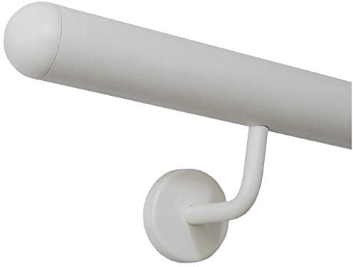 TIBU Handlauf Edelstahl weiß pulverbeschichtet 42,4 mm Geländer innen außen wetterfest, Länge 450 cm mit 5 Halter Enden halbrunde Kappe