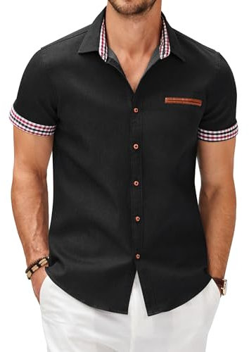 COOFANDY Hemd Herren Kurzarm Jeanshemd Sommer Leichtes Freizeithemd Jeans Hemden für Herren Kurzarmhemden Slim Fit T-Shirt Cowboy-Style Business Büro Hemd Männer Schwarz L